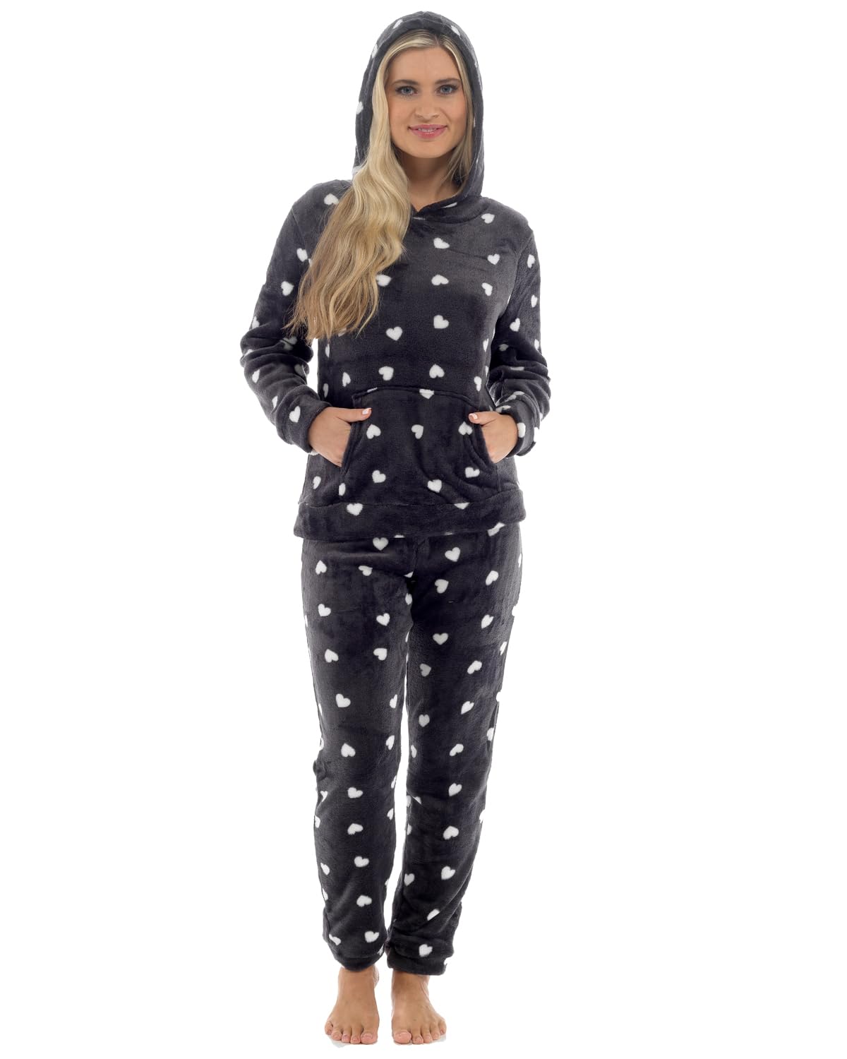 Slumber Hut Women's Heart Print (Hooded) - Charcoal Heart Print Hooded Lounge Set Ln1746 Charcoal 12-14