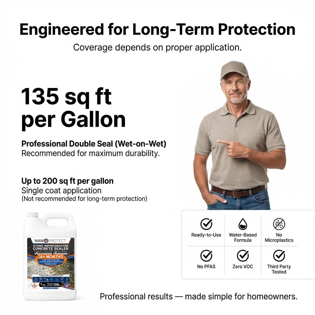 Nanoprotect Concrete & Stone Sealer Indoor & Outdoor | Long-Term Protection Against Water, Stain & Dirt | for Driveway, Patio, Pavers and Any Absorbent Stone | 5 Gal