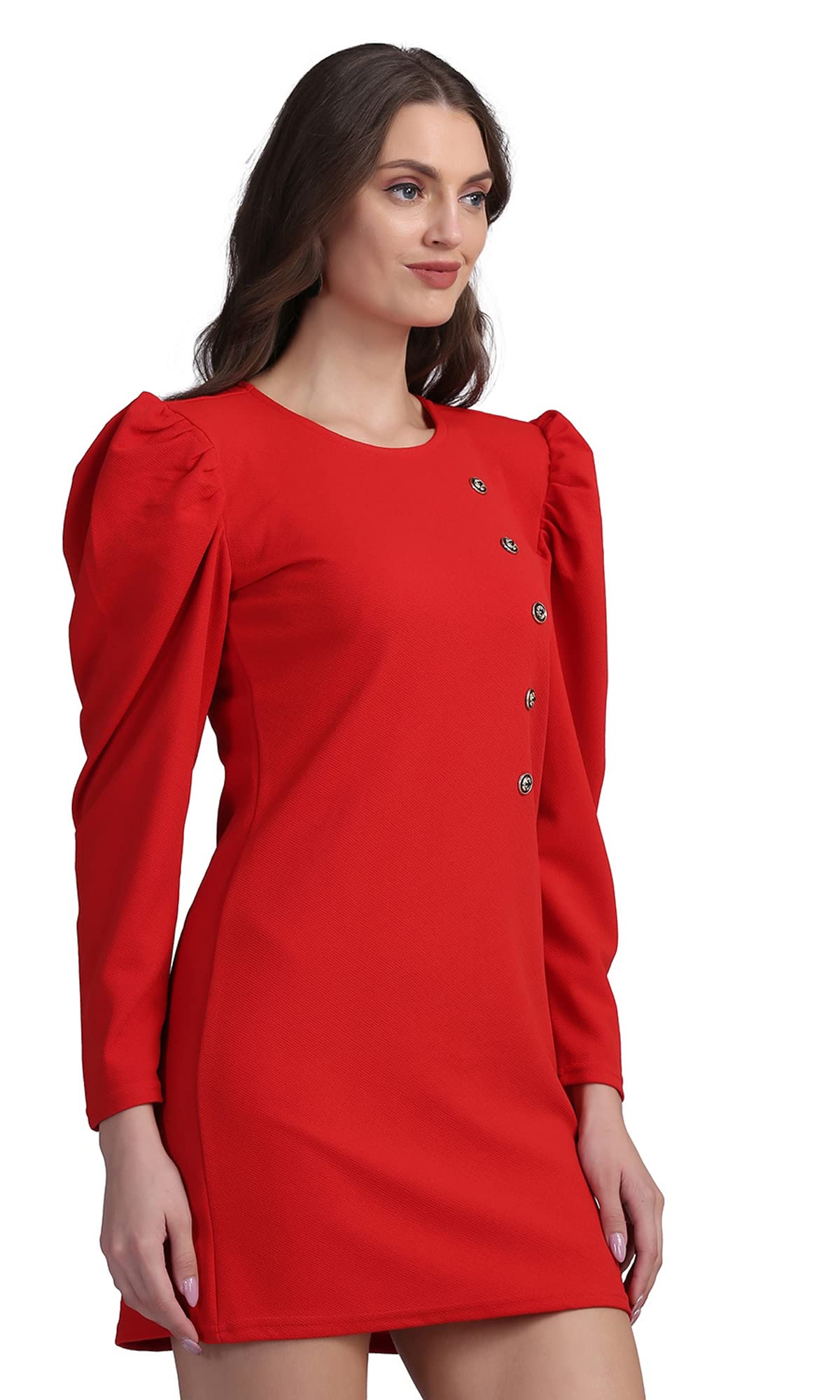Shasmi Women's Comfortable Red Round Neck Full Sleeve Solid Midi Bodycon Casual Western Stylish Dress For Womens/Midi Dress For Girls (Shree Midi 13 Red S)