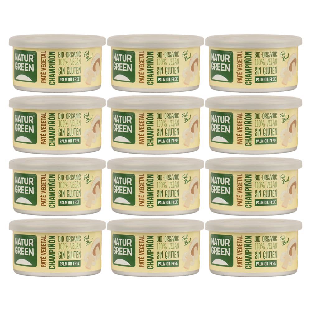 NaturGreen - Paté de Champiñón Vegetal Ecológico, Pack 12 x 125 g, Sin Gluten, Sin Lactosa, Vegano, Receta con Aceite de Coco y Karité, Textura Cremosa, Ideal para Aperitivos