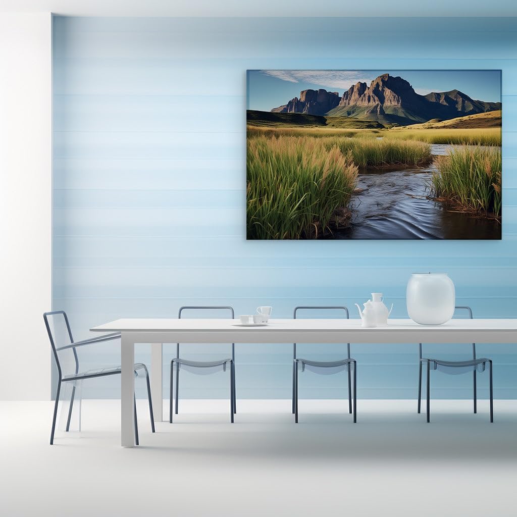 Canvas for Living room. Whispering Rivers and Gentle Mountains: A Vision of Tranquility in Green and Blue, 27 x 18 inch Canvas Wall Art - Contemporary Masterpieces - Modern Home Decor