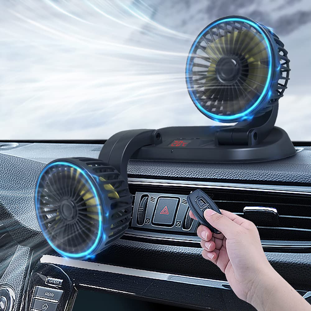 Riloer Elektryczny wentylator samochodowy 12V/24 V Przenośny dwugłowicowy letni wentylator powietrzny 360° regulowany 3 prędkości, zapalniczka do papierosów z zasilaniem