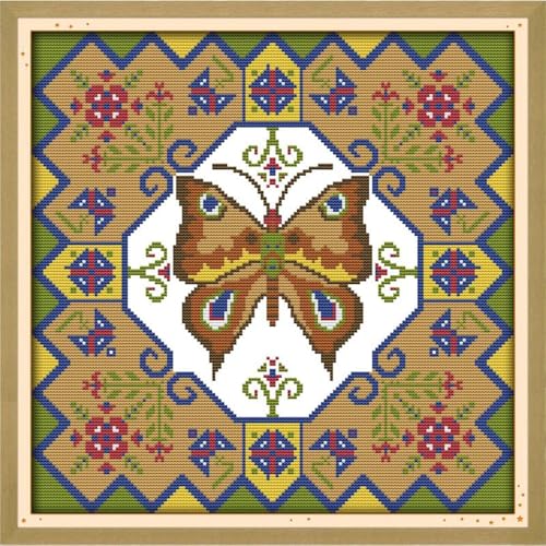 Image of JOYSEWING Counted Cross Stitch Stamped Kits 11CT 3 Strands Butterfly Totems Classic Series Printed Pattern Embroidery for Beginners DIY Home Decor-(Beautiful Butterfly (11CT) 18.11 x18.11 inches)