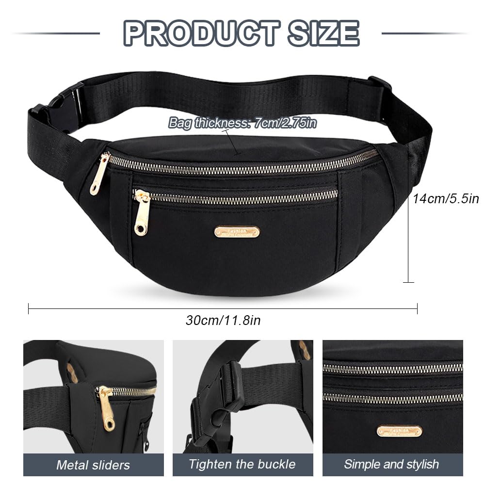 Sac Banane,Sacoche Banane de Randonnée,Fanny Pack Waist,Bum Bag Belt,Sacs De Poitrine Réglable,Sac Ceinture Voyage,Sacoche à Bandoulière Sport pour Outdoor, Shopping, Usage Quotidien - Noir