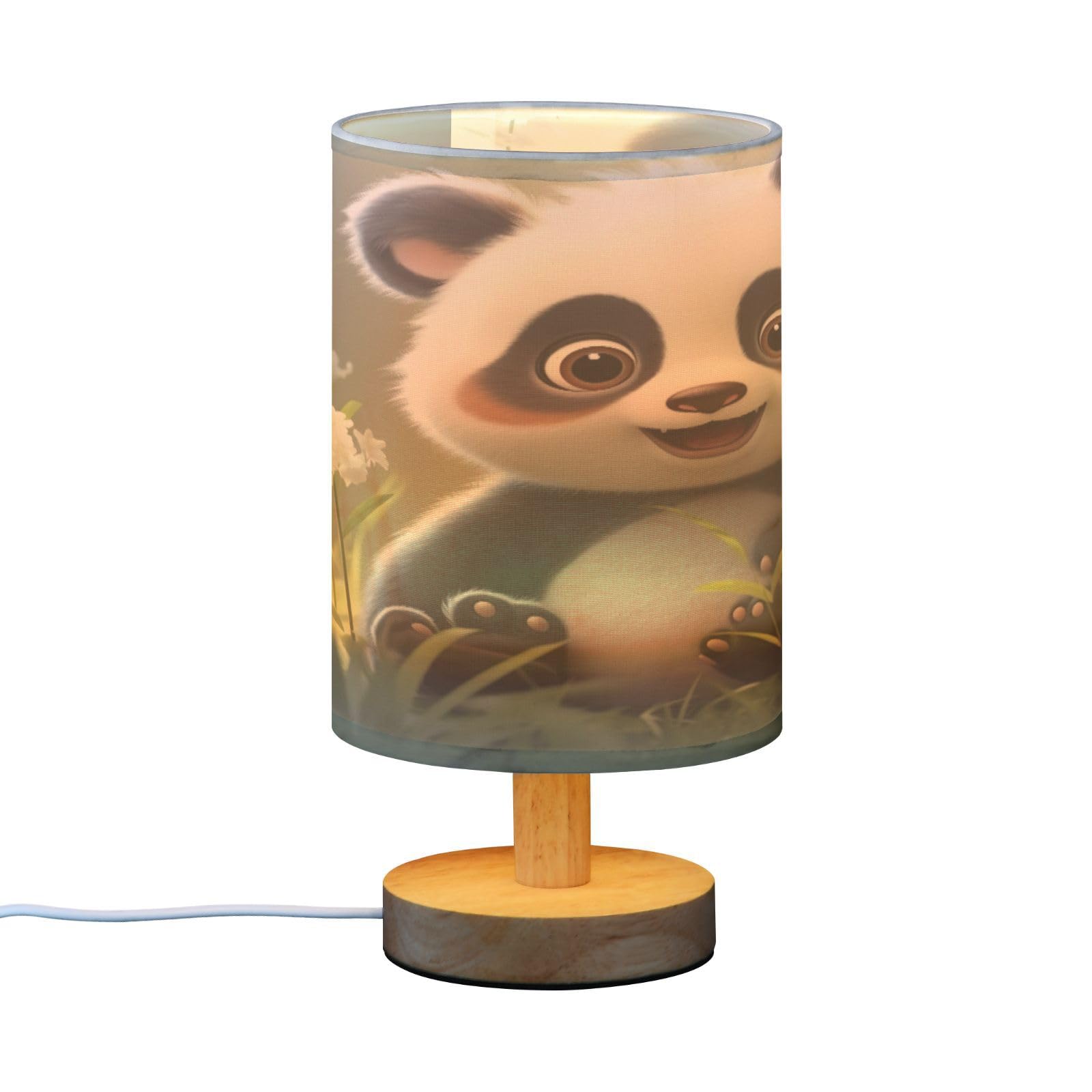 SDMKA Cute Cartoon Panda Bedside Table Lamp for Bedroom, Minimalist Nightstand Lamp with Round Fabric Shade for Living Room, Office, No Bulb Required
