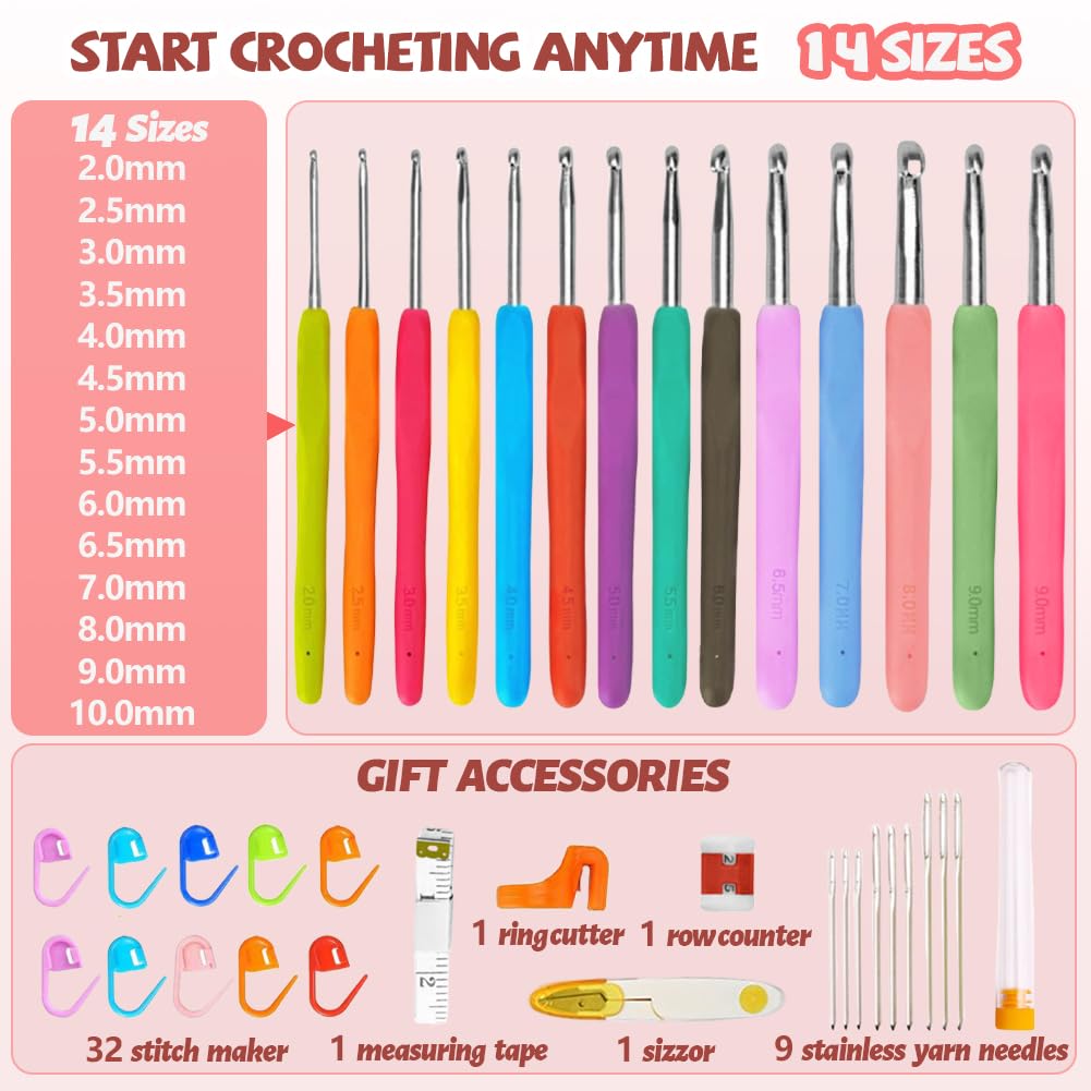 Set Uncinetti 59 Pezzi, 14 PCS Uncinetto 2.0mm-10.0mm Crochet Kit Ergonomico per Principianti