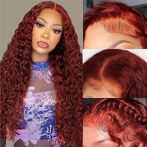 Reddish Brown Deep Wave Lace Front Wigs Human Hair 33b Colored 13x4 HD Lace Frontal Wig for Women 180% Density Glueless Copper Red Curly Wig Pre Plucked 24 Inch