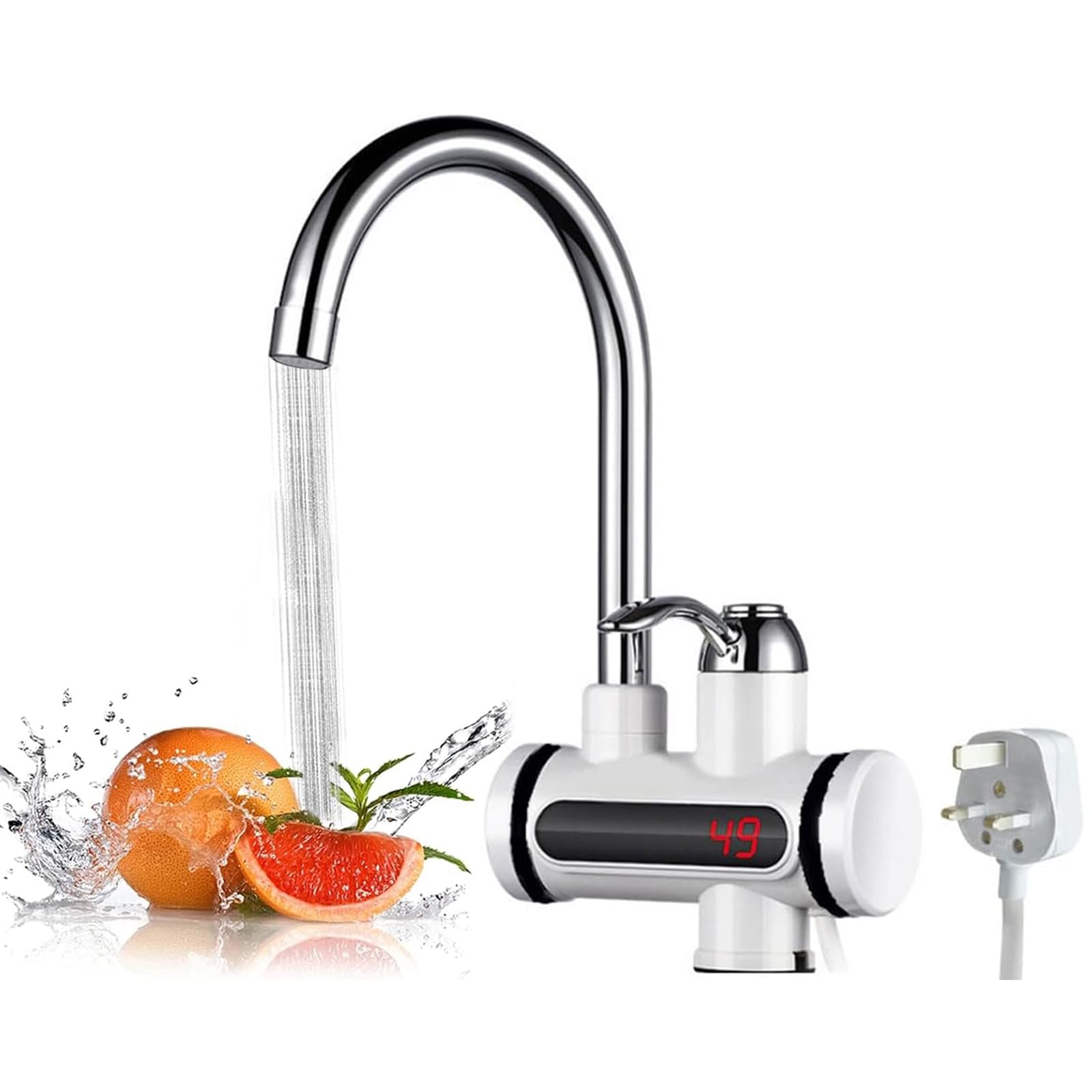 Instant Hot Water Tap, 220v 3000w Electric Hot Water Heater Tap, Stainless Steel Electric Hot and Cold Mixer Water Taps with Digital Display for Kitchen Bathroom Washroom, UK Plug