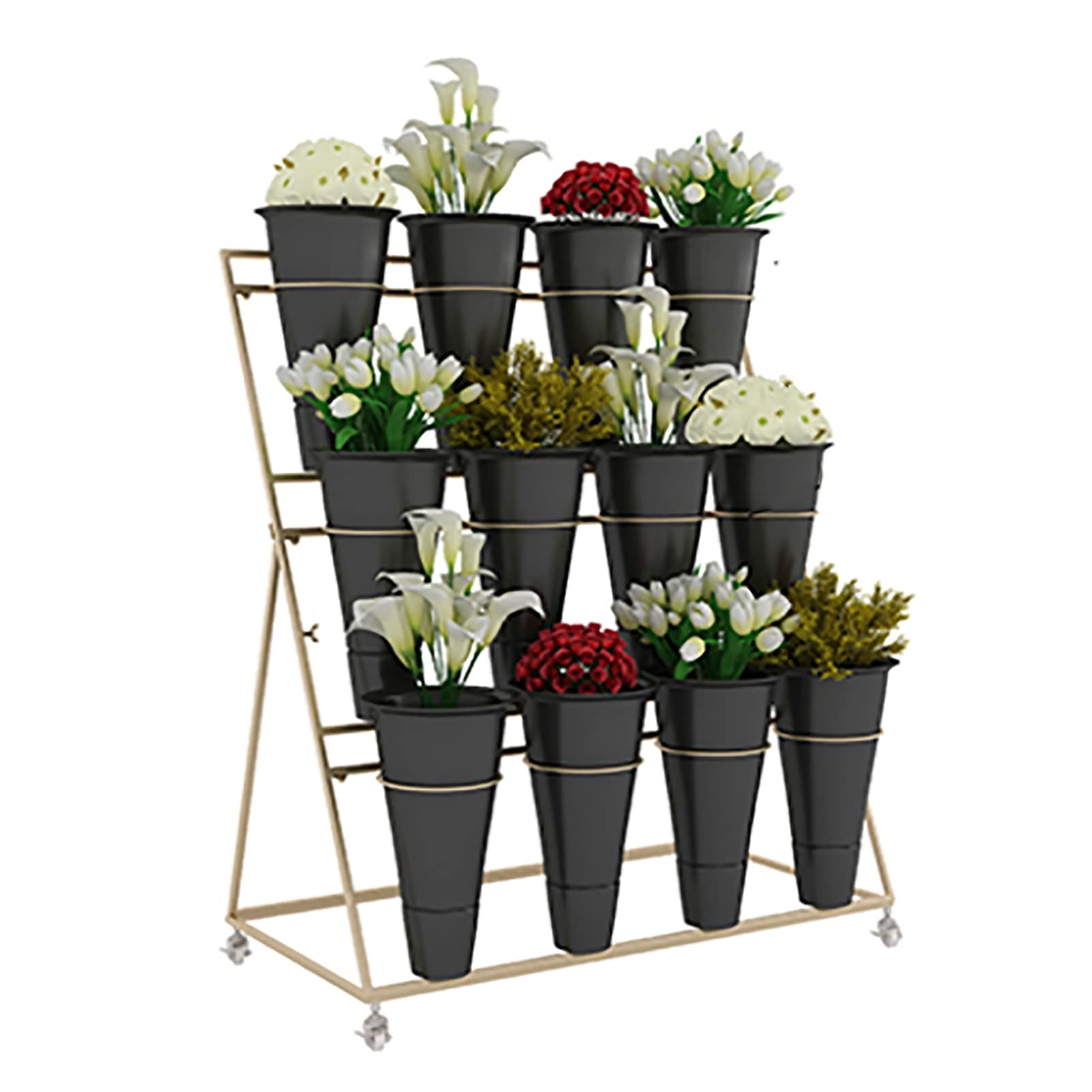 Nordic Gold Wrought Iron Flower Stand 3-layer Display Stand, Large Plant Flower Stand and Flower Pot, Flower Shop Shelf, With 12 Flower Buckets, 4 Rubber Casters/wheels(Nero)
