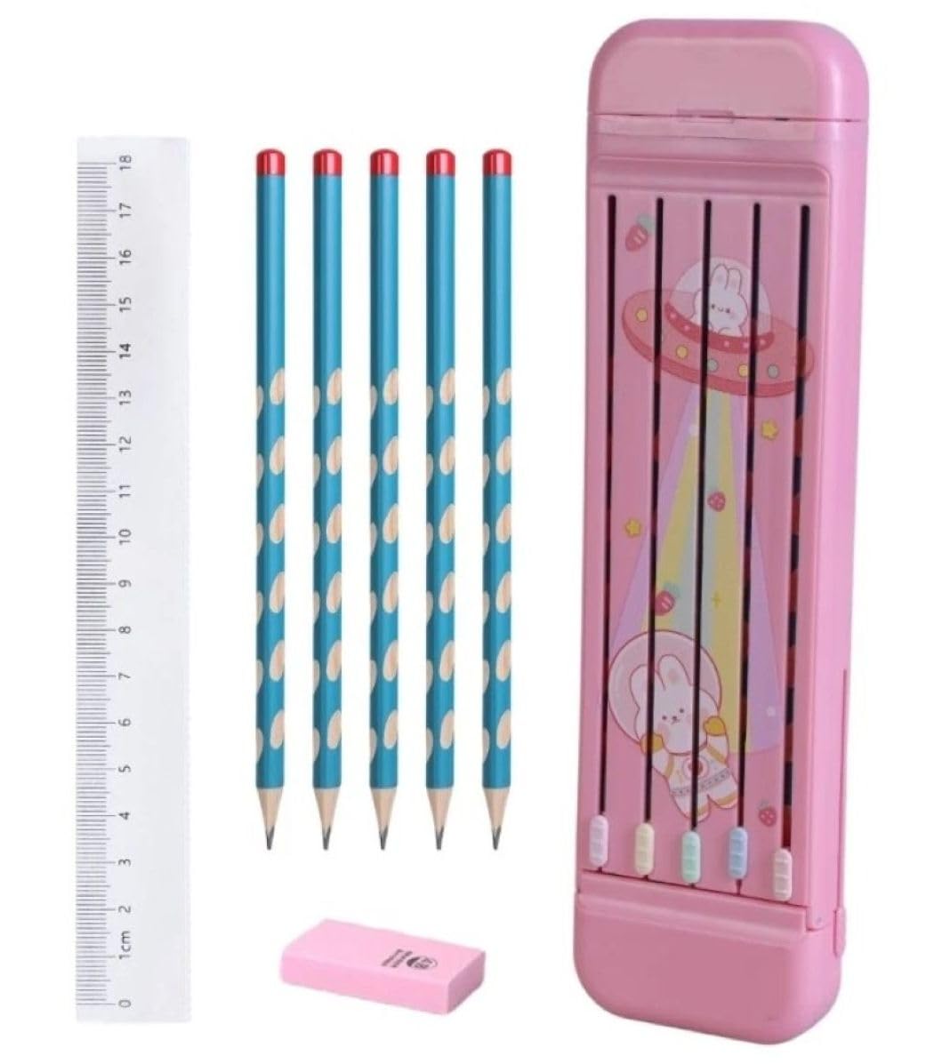Faded Pink ABS Pencil Case for Students – Compact Hard Shell Stationery Box with Pencil Slot, 5 Pencils, Ruler & Eraser | Durable School Supplies Kit Students-image-26