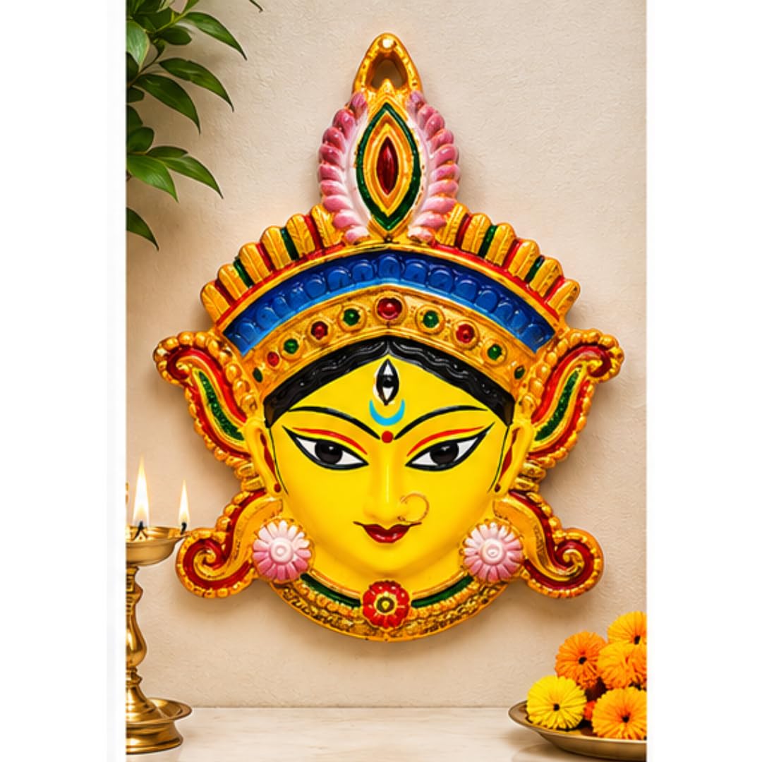 Navyaksh Maa Durga Face Wall Hanging, Vibrant Multicolour, Traditional Handcrafted, for Home Entrance, Temple and Festive Decor with free gangajal (60ml)-image-31