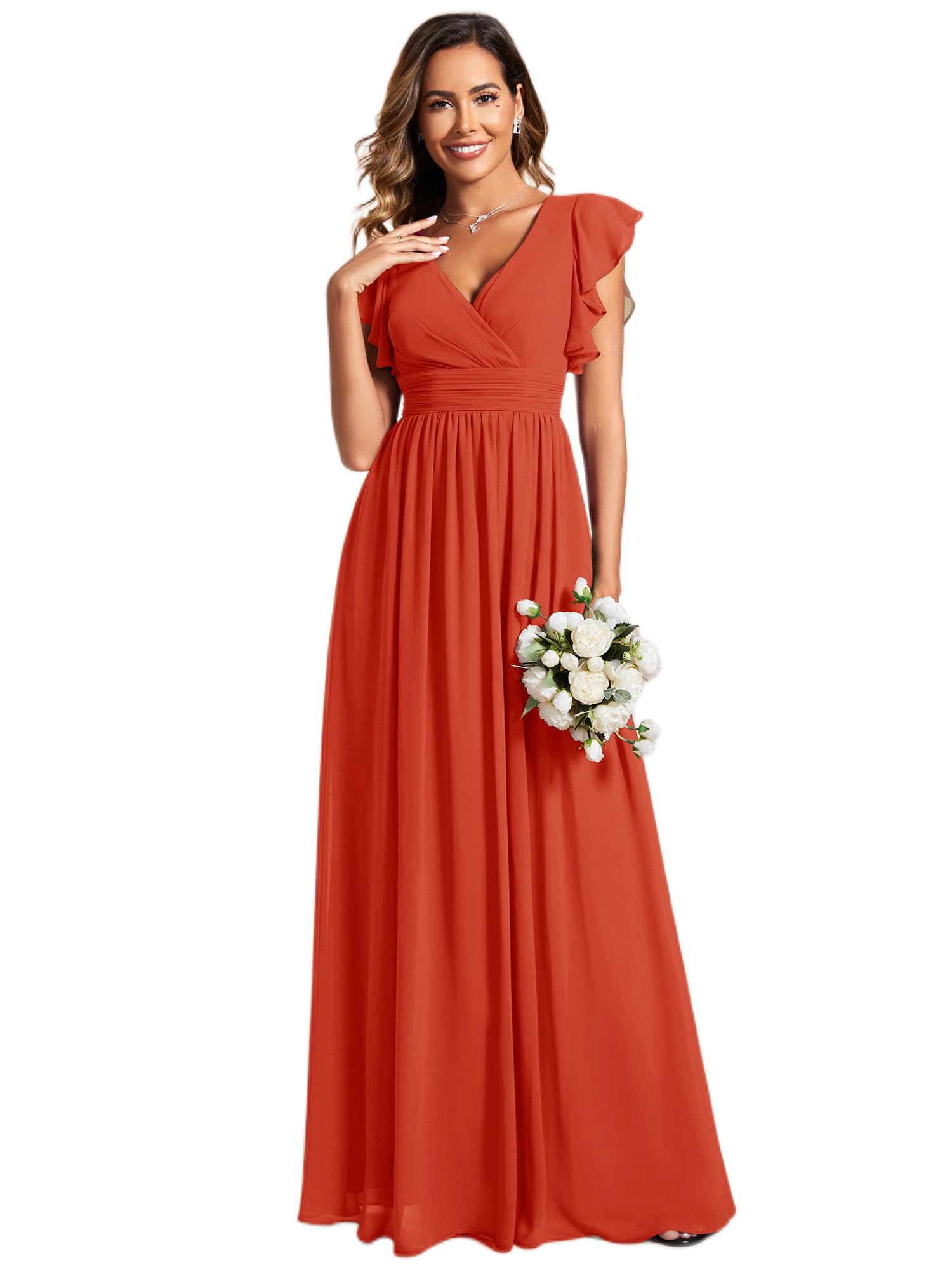Ever-Pretty Abito Donna Sera con Schiena Scoperta Maniche Arricciati Chiffon Scollo a V Pieghe Abiti da Damigella d'Onore Elegante ES01819-P