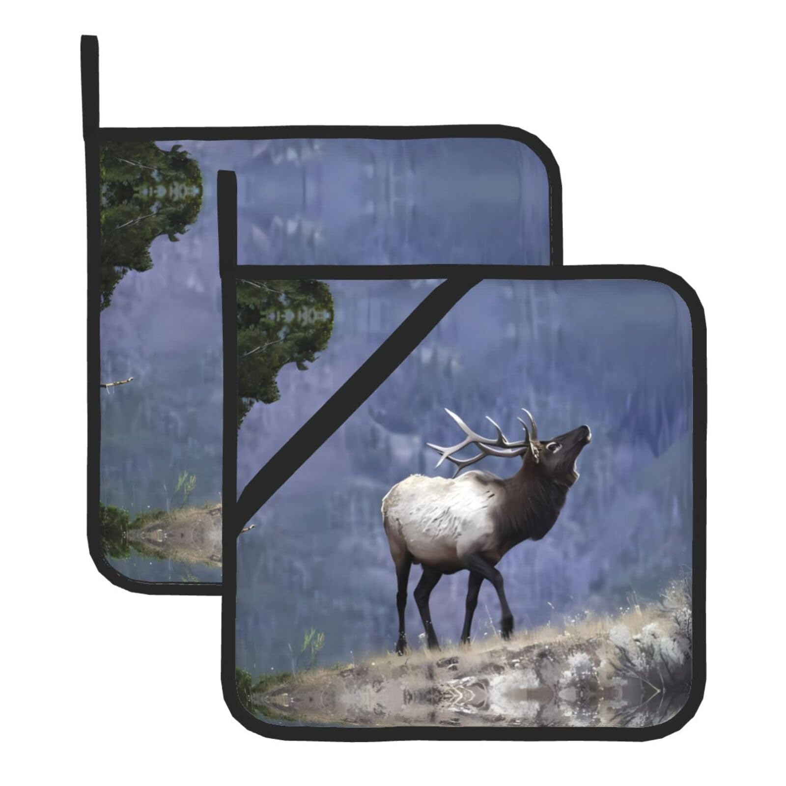 HJFCZH Bull Elk Prints Square Hot Pads for Kitchen Counter - Waterproof Pot Holders, Durable Heat Resistant Throw Layers for Serving, Oven & BBQ - 2 Pack