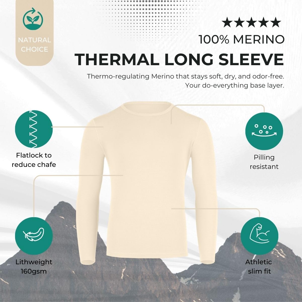 Menique - Maglietta a maniche lunghe, leggera, 100% lana merino 160, Naturale, XXL