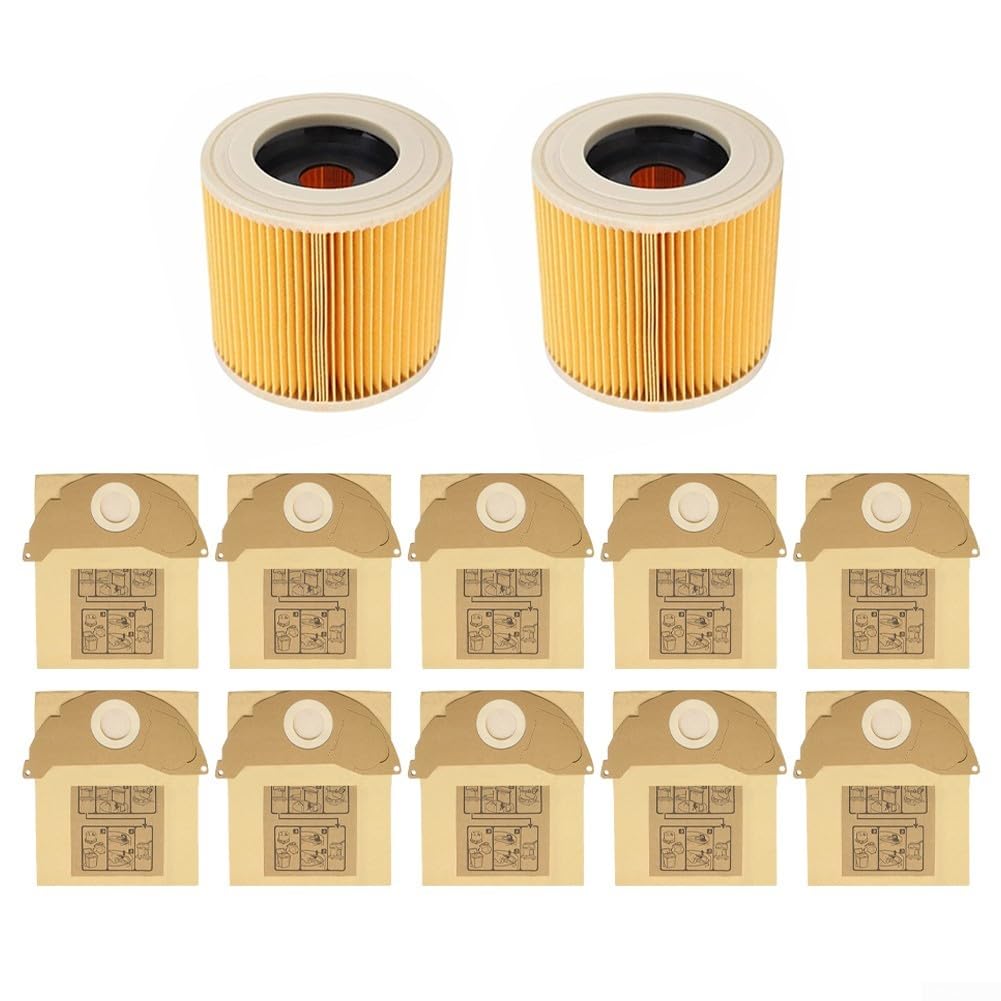 Lot de 12 sacs à poussière pour aspirateurs Karcher WD2 WD2.200 MV2 A2004 6.904-322.0 - Pièces de rechange pour aspirateur humide et sec, 10 sacs à poussière, 2 filtres à cartouche