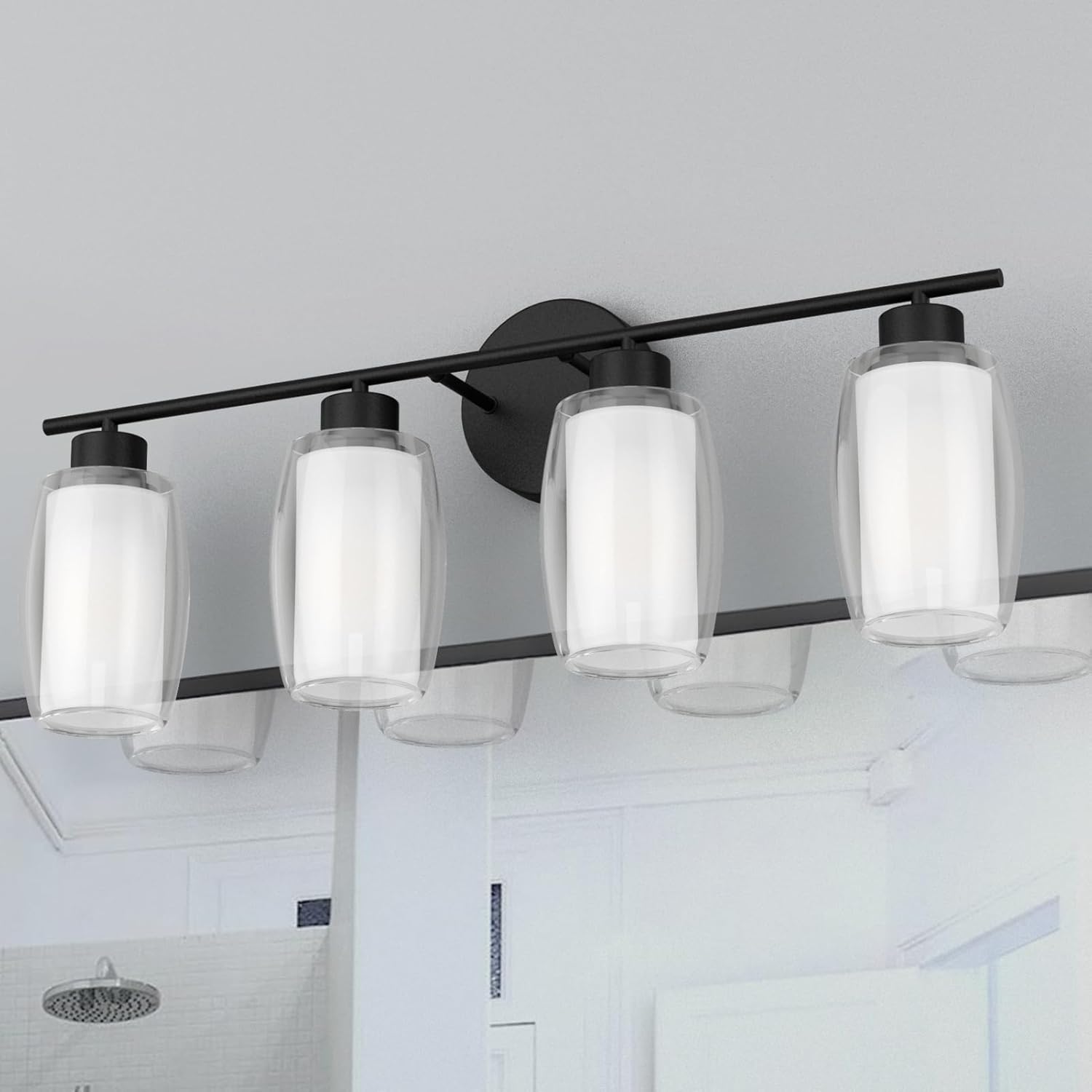 Aipsun 4 Lights Bathroom Light Fixture Black Vanity Lights Up and Down Modern Bahthroom Lighs with Clear Glass and Frosted Glass Modern Bahthroom Lighs Over Mirror(Exclude Bulb)
