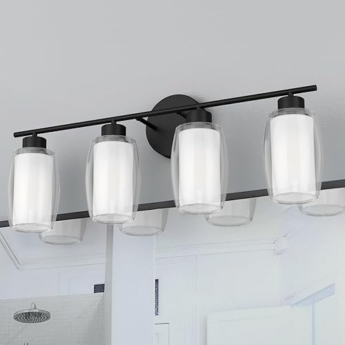 Miniatura 2 de Aipsun Lámpara de baño con 4 luces, luces negras arriba y abajo, modernas luces de bahthroom con vidrio transparente y vidrio esmerilado, luces