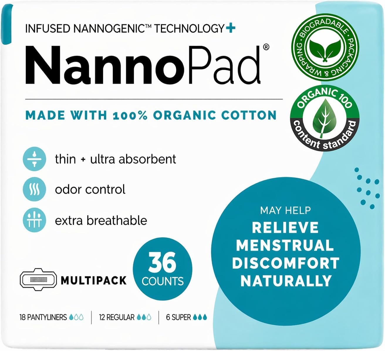 Multipack Pads and Pantyliners (36 Count (Pack of 1)) - Made with Certified Organic Cotton - Regular, Super and Pantyliners for Full-Cycle Protection - Natural Odor Control