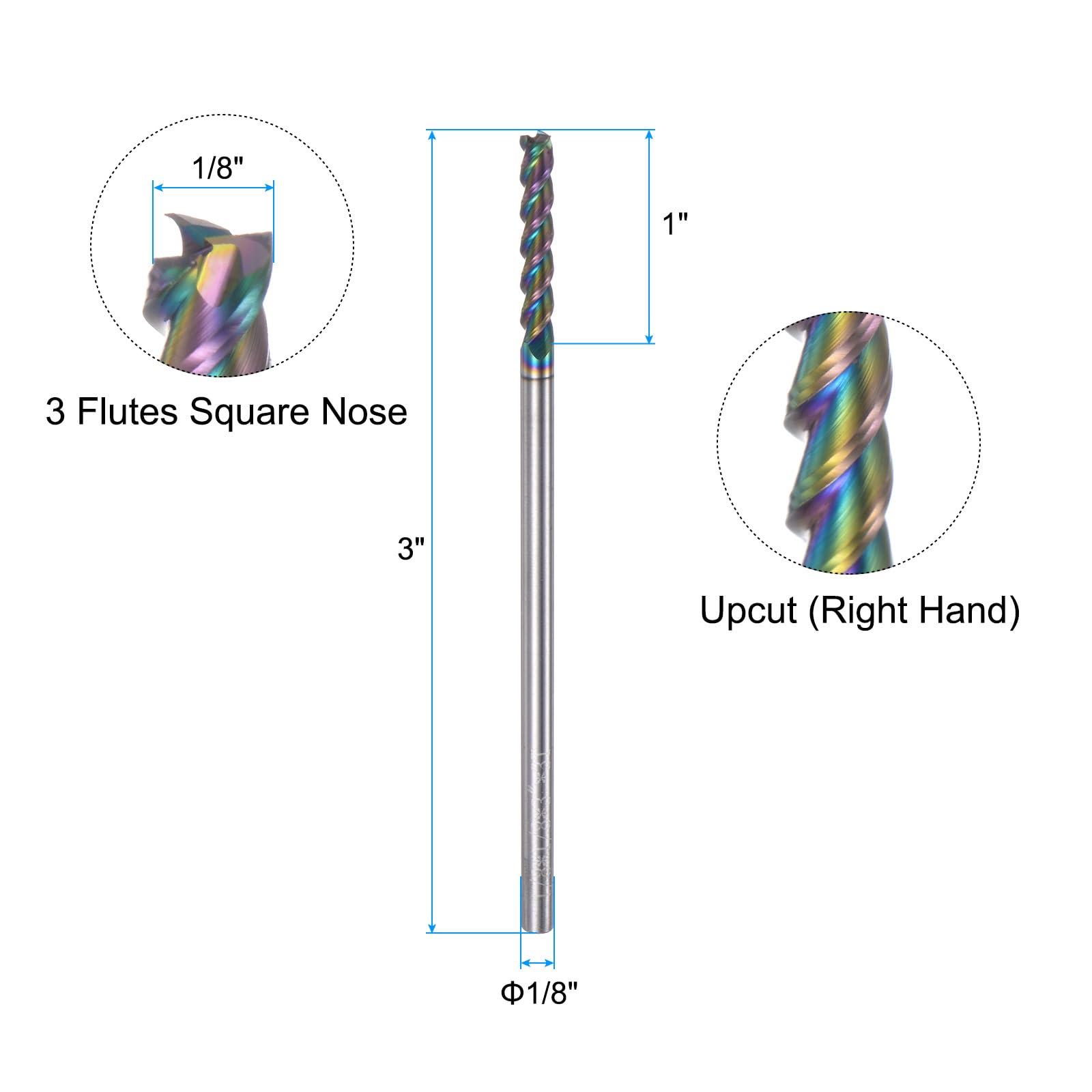 QUARKZMAN Fraise en Bout Carrée en Carbure, Diamètre de 1/8", en Carbone de Type Diamant, 3 Arêtes de Coupe, Queue de 1/8", Longueur de Coupe de 1", Longueur Totale de 3", Hrc55 Extra Longue