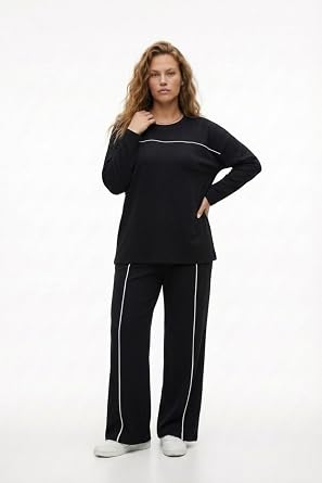 Modal Kumaş Biyeli Rahat Günlük Takım – Uzun Kollu M-6XL-Siyah-4XL