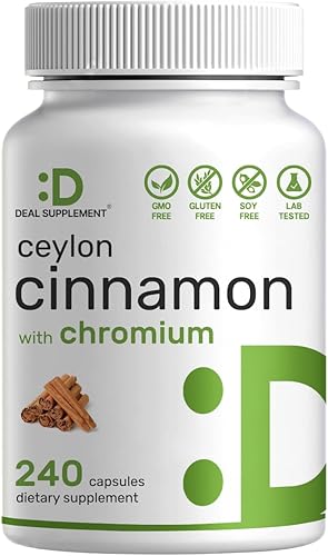 Canela de Ceilán 6000 mg con cromo 1000 mcg, 240 cápsulas | Extracto activo de corteza interna, verdadera fuente de Sri Lanka | Suplementos