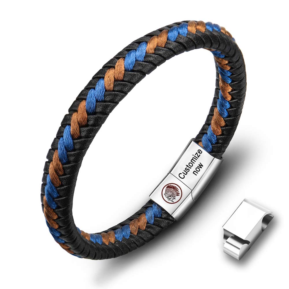 Casisto.J Pulsera Cuero Hombre - Pulsera Trenzada Hecha a Mano clásica en Negro y marrón con Cierre magnético Grabado Joyas Gratis en Caja