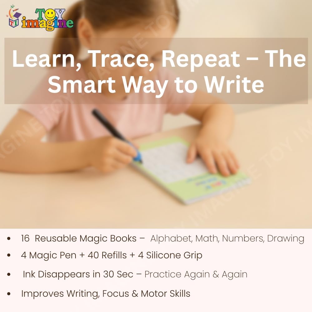 Toy Imagine Sank Magic Practice Copy Book Set for Kids (16 Books + 4 Pens + 4 Grips + 40 Refills ) Reusable Numbers, Alphabets, Drawing & Math Books Ideal Birthday & Return Gift for Ages 3+ Years(4 Pack) 4
