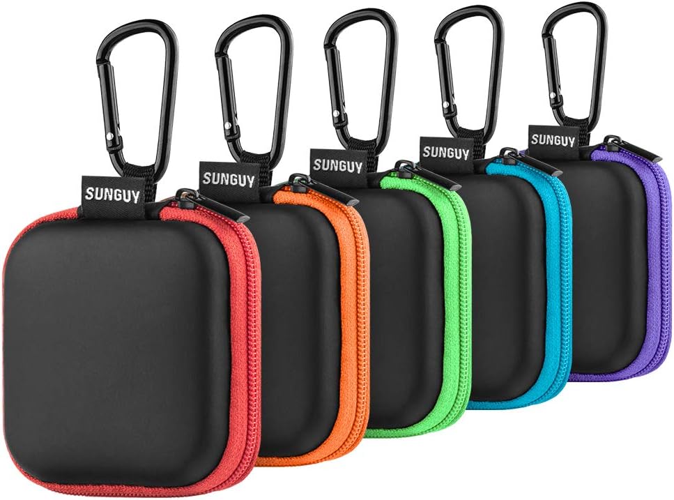 SUNGUY Earbud Case, 5-Pack Small Square Earphones Carrying Case Mini Pouch Storage Bag with Carabiner for Wired In-ear Earphone Earbuds, Bluetooth MP3 Players, Traveling, Everyday Use, School or Work