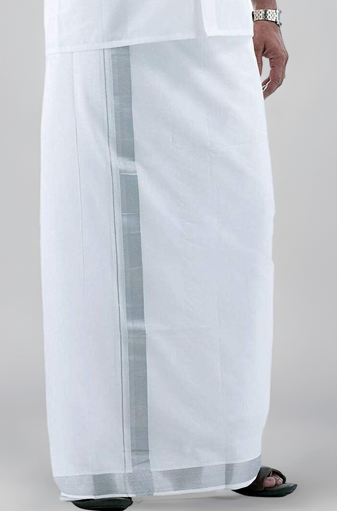 Men's Cotton Double Dhoti With Silver Border