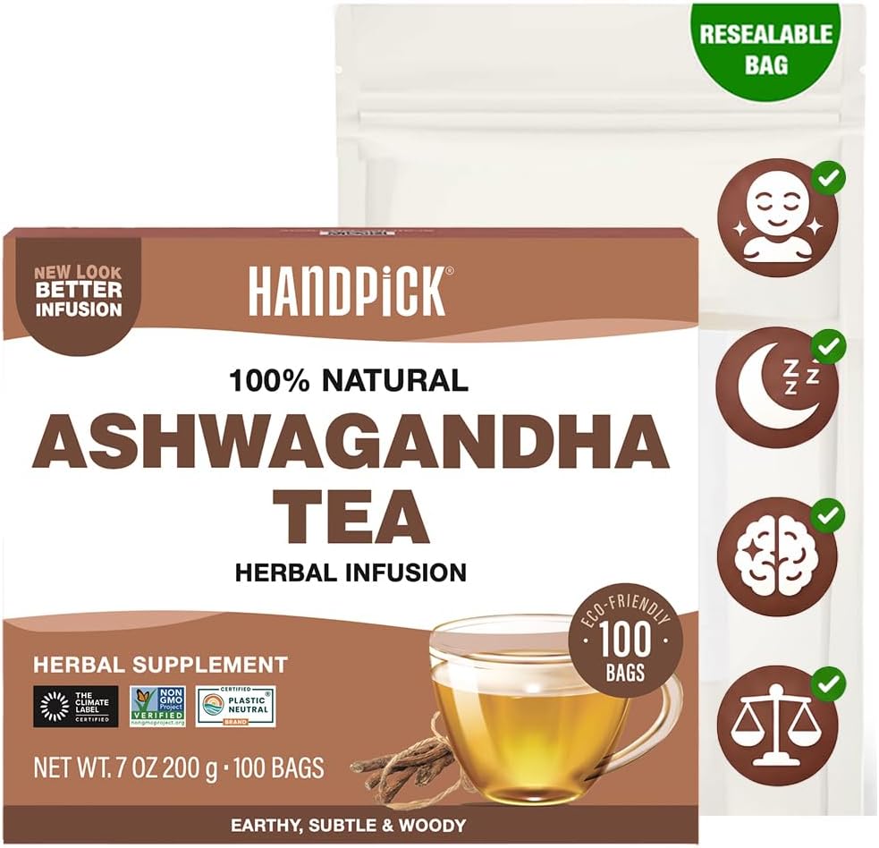 HANDPICK, Ashwagandha Tea Bags - 100 Herbal Tea Bags | Caffeine Free, Gluten Free | Made from 100% Pure Ashwagandha Root (Withania Somnifera) Packed in Eco-Friendly Tea Bags