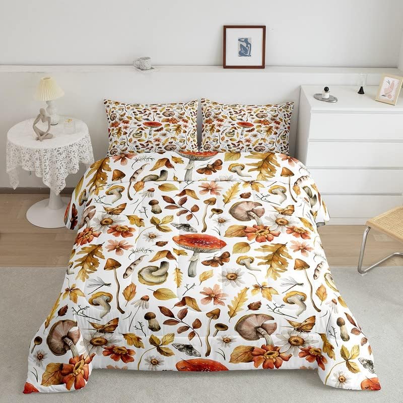 Feelyou Cute Mushroom Decor Comforter Set Kids Kawaii Fungus Comforter for Boys Teens Wild Mushroom Stuff Bedding Set Botanical Leaf Pattern Red White Duvet Set Queen Size Quilt Set Multi 11