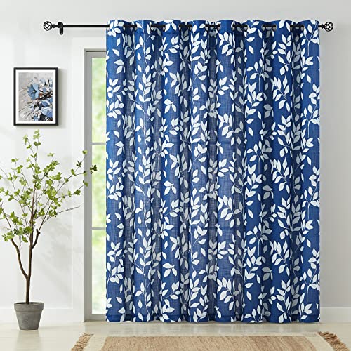 Image of Royal Blue Semi Sheer Curtains for Sliding Glass Door 100 inchx 84 inch Extra Wide Glass Door Curtain Panels Linen Textrued White leaf Pattern Curtain Dripes for Living Room Window Draperies Grommet 1pcs