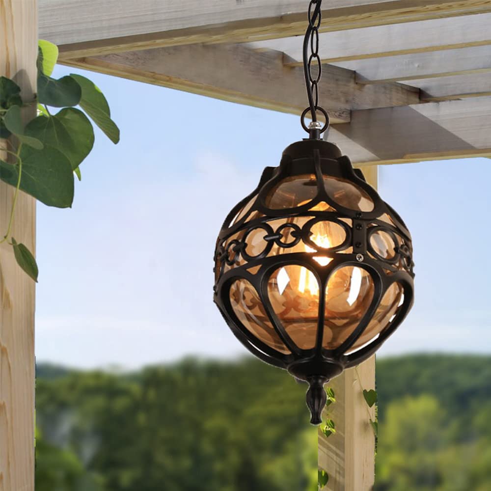 ChaoZan Outdoor Hanging Lamp Lantern, Waterproof Pendant Lighting Fixture in Painted Metal with Glass Globe, Exterior Hanging Light Porch Round Pendant Lights E27 Garden Patio Balcony(Black)