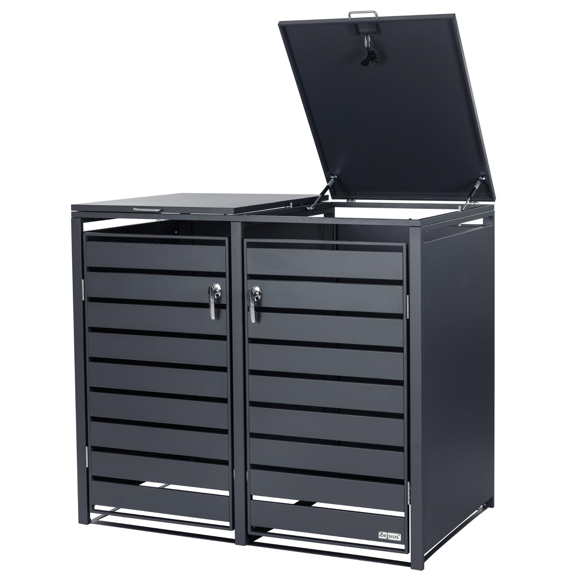 Zelsius Mülltonnenbox 2er Mülltonnen | (B) 132 x (T) 80 x (H) 117 cm | Anthrazit RAL7016 | inkl. Erweiterungsmöglichkeit | Mülltonnenverkleidung, Garten Müllbox, Aufbewahrungsbox für Mülltonnen
