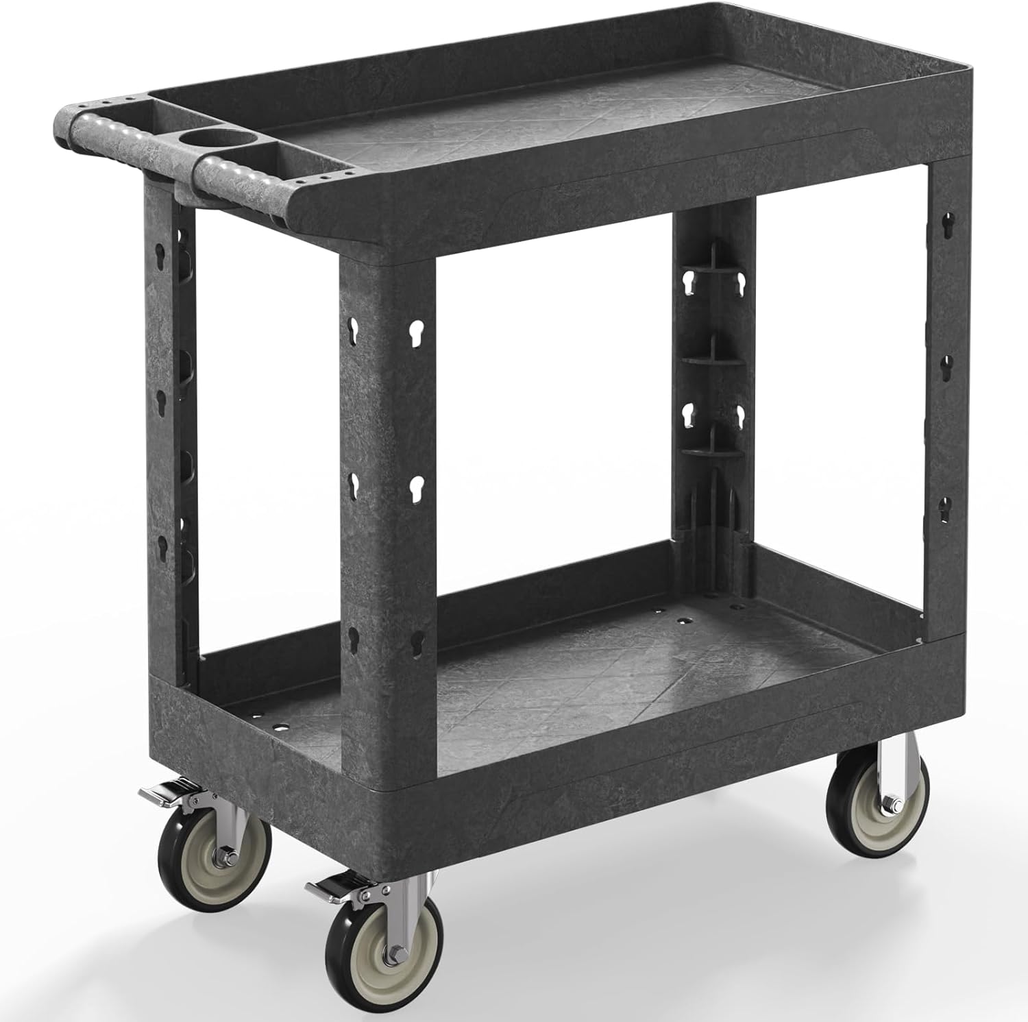 Utility Cart on Wheels, Heavy Duty Large Flat Top Rolling Service Cart, 46 x 25 Inch Work Carts, 2 Shelf 1000 lbs Capacity Plastic Tool Cart, for Warehouse, Garage, Cleaning, Black