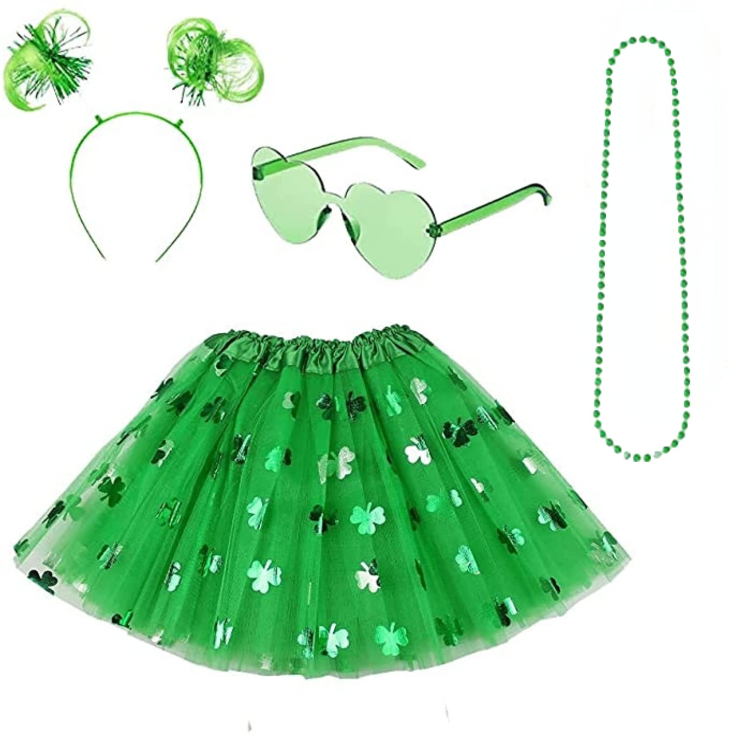 fjygwx13 4pcs Patrick's Day Green Tutu Skirt Set Shamrock Pattern Ballet Headband Necklace Costume Accessories Mardi Gras Christmas