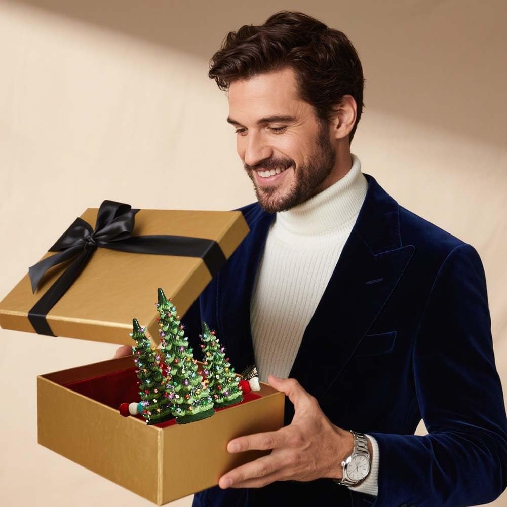 Árboles De Navidad Retro Pintados a Mano Con Temporizador, Luces LED Y Pilas. Decoración Navideña Para El Hogar, Chimenea, Adorno Festivo Coleccionable, Regalo De Navidad.(3pcs Warm White)