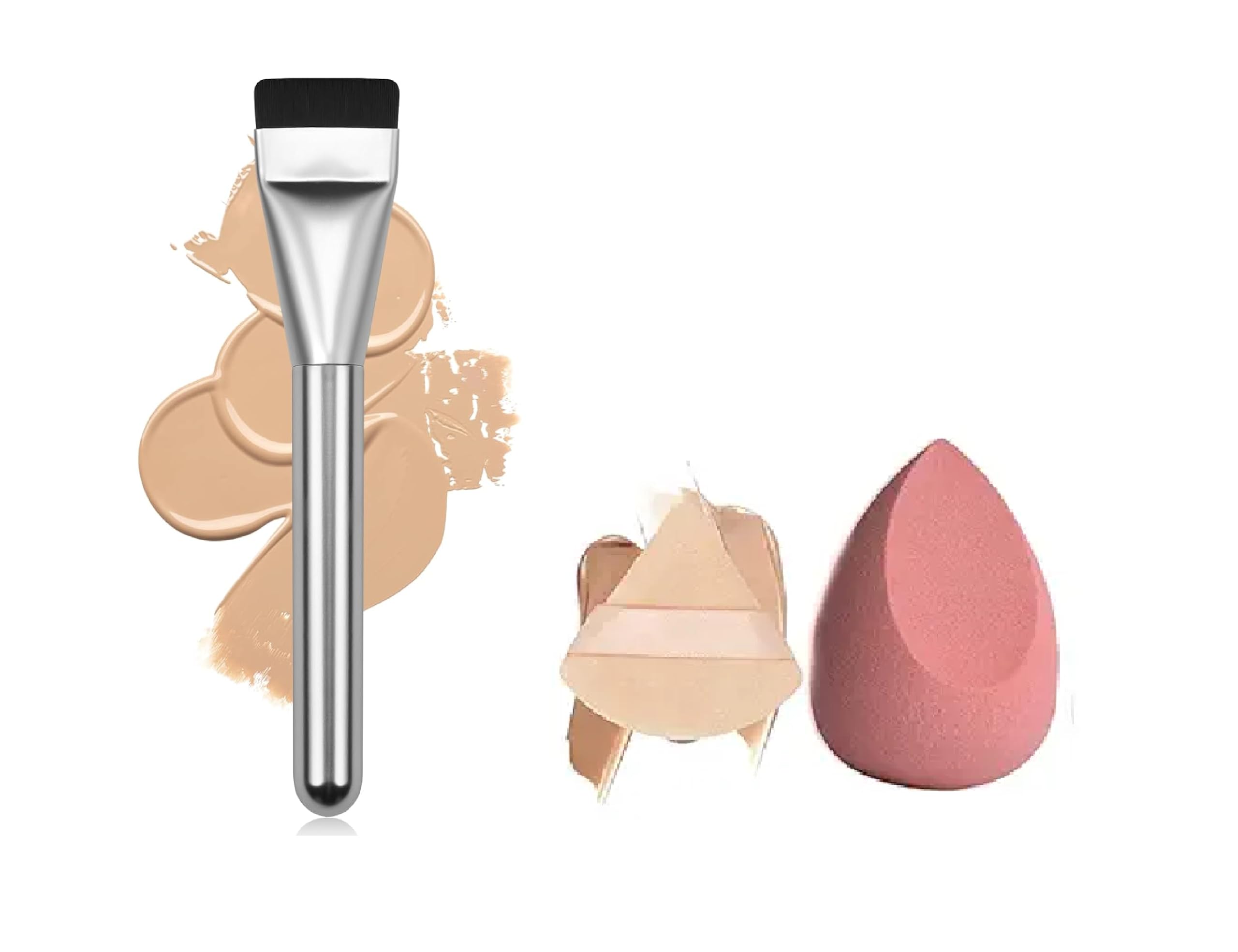 Flat Foundation Brush, Makeup Brush Spatula Facial Brush for Liquid Foundation, Premium Face Makeup Brush,T Puff Sponge Blender for Blending Cream (pack of 3)-picture-32