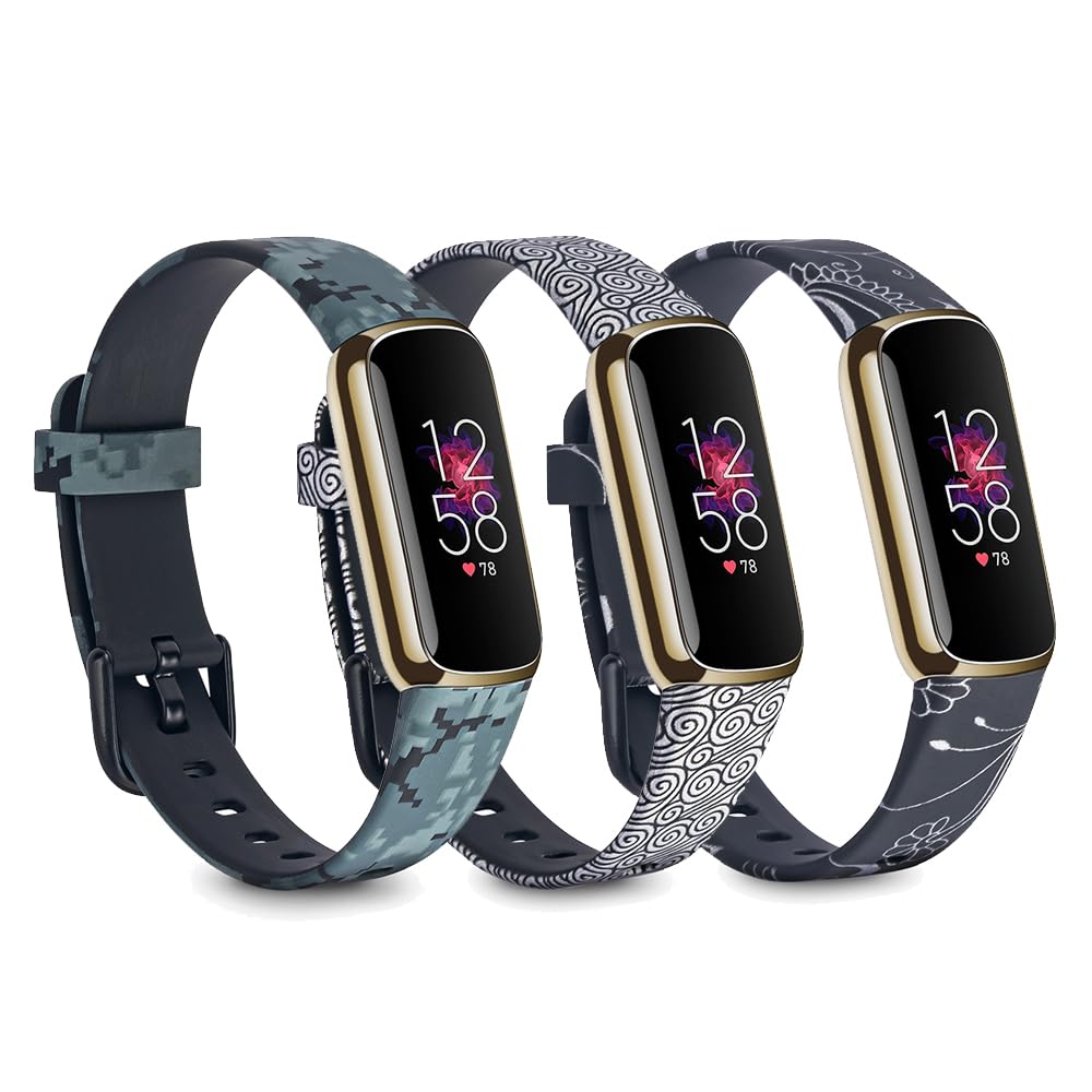 3 Pack Luxe Straps Compatible With Fitbit Luxe Band Women Men， Adjustable Silicone Sport Replacement Pattern Bands For Luxe Watch，Flexible Wristbands For Fitbit Luxe Fitness Tracker Waterproof