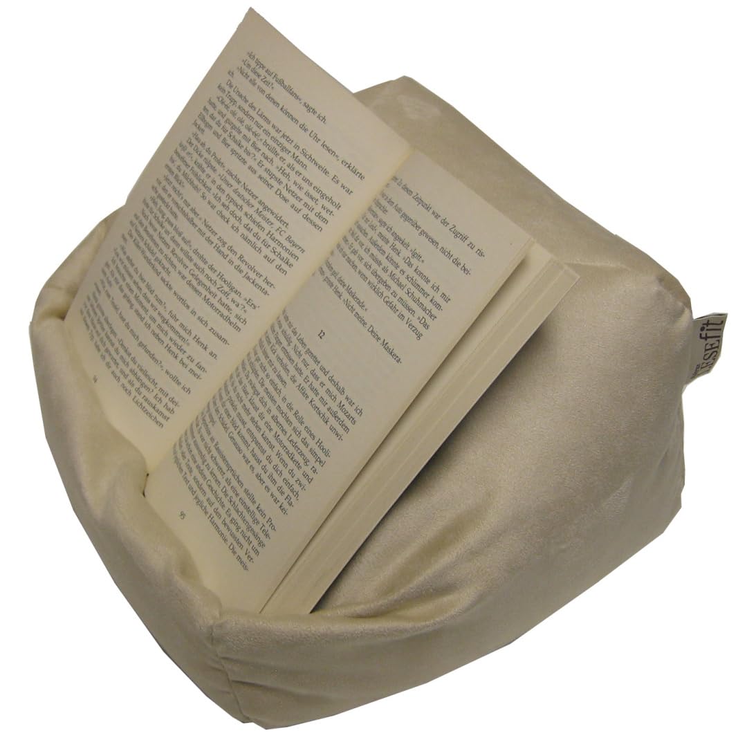 soft Buchkissen Lesekissen – frei formbarer Buchhalter für Bett - Handgefertigt aus Antirutsch Wildlederimitat & Mikroperlen – weich waschbar drehbar – sand beige