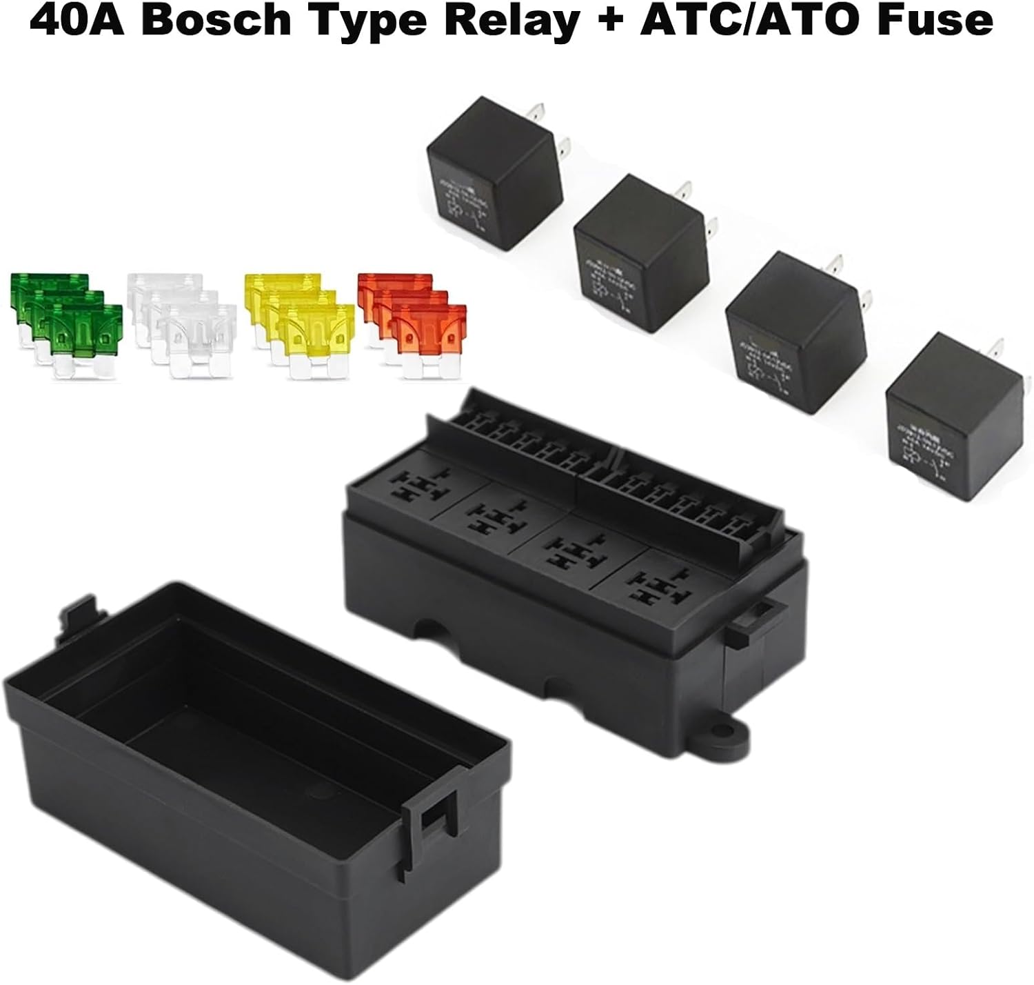Individual components of the RQG 12V Fuse Relay Box, including relays and various ATC/ATO fuses