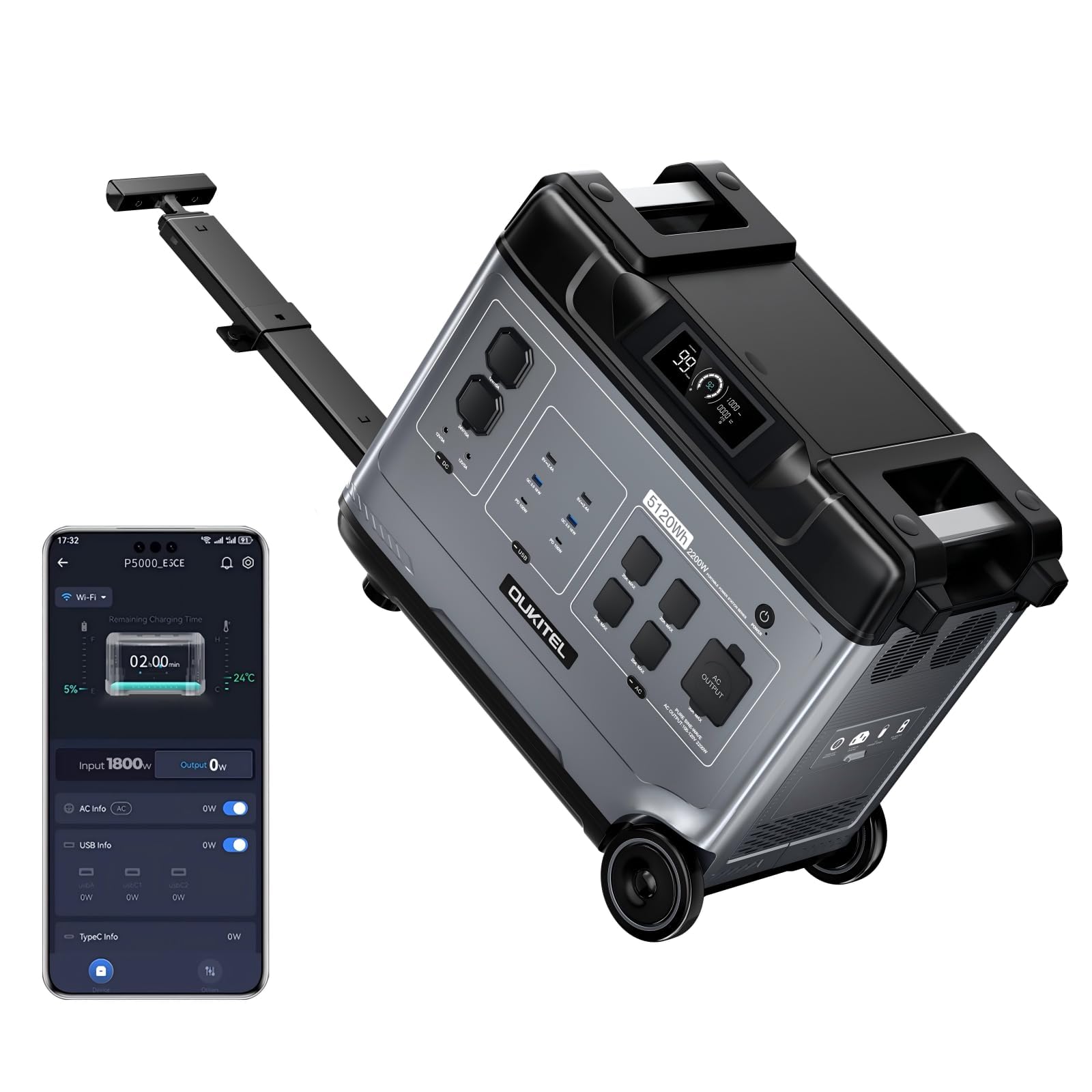 OUKITEL 5120Wh Solar Generator, P5000 Portable Power Station 2200W 4400W Surge AC 1000W MPPT, 2.8H Fast Full Charge Off-Grid LiFePO4 Battery for Home Backup RV Camping Emergency with 5x2200W AC Outlet