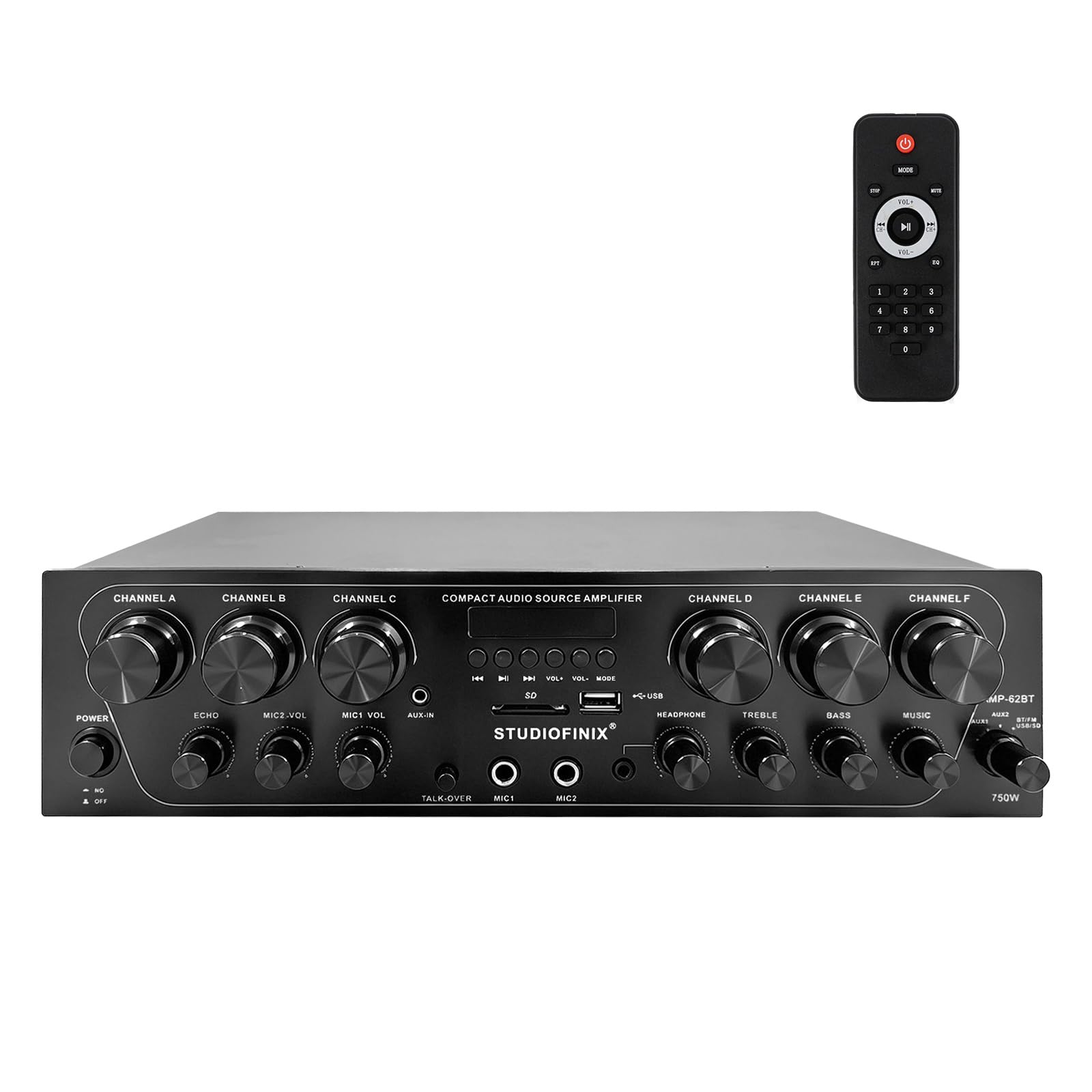 STUDIOFINIX Bluetooth 5.3 Heimverstärker-System, 6-Kanal 750W Peak Receiver mit FM-Radio, USB/SD, 2 Mikrofone mit Echo & Talkover, Doppel-AUX, Kopfhörer- und Subwooferausgang für Heimkino, Karaoke, PA