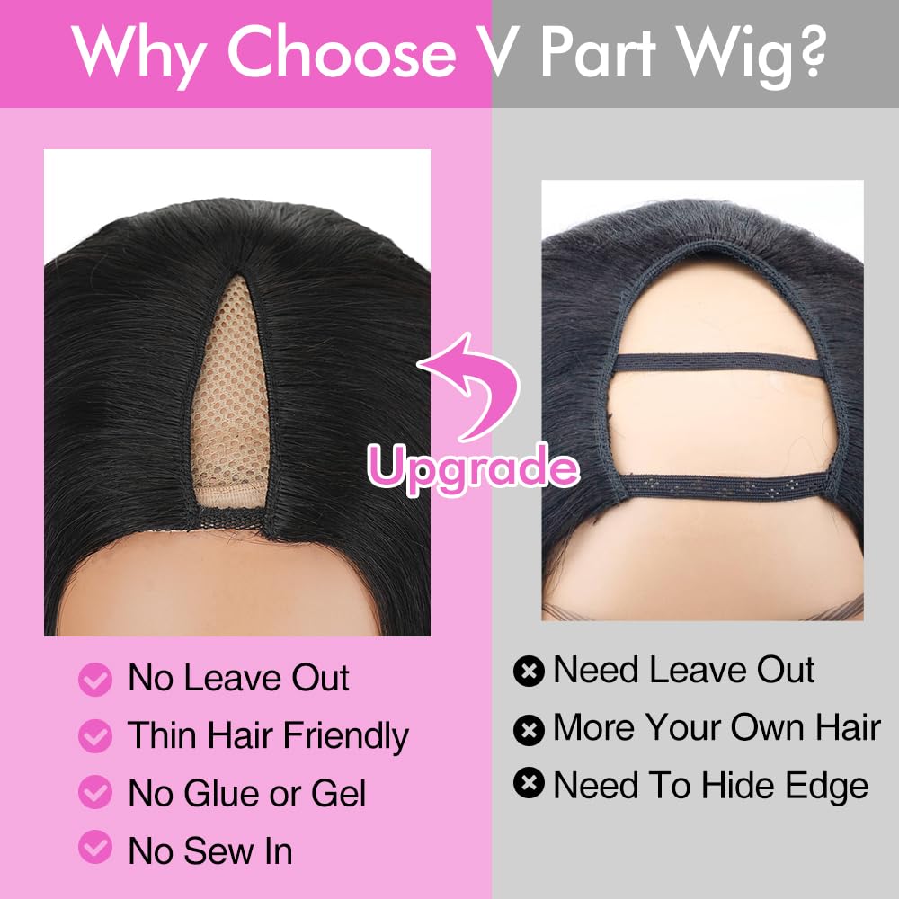 CHEETAHBEAUTY V Part Wigs Human Hair Straight V Shape Wigs for Black Women Upgrade U Part Wigs No Leave Out No Sew In No Glue Clip in Half Wigs 180% Density Natural Black 18Inch