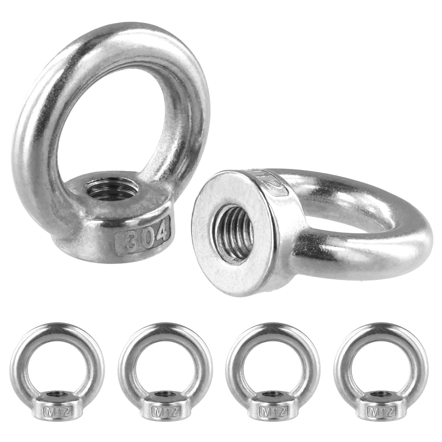 QWORK® 6 Stück Ringmuttern M12, 304 Edelstahl, Ringösen M12, Ringschrauben, für Hebezubehör