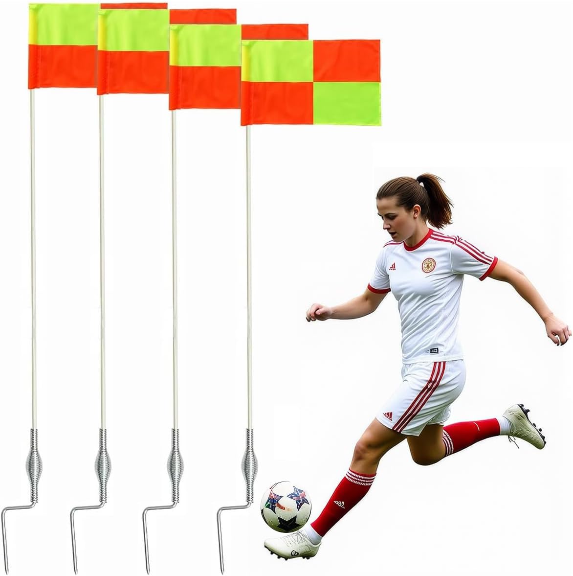4 Pcs Soccer Corner Flags Set，67-Inch Portable Soccer Agility Poles and Football Field Corner Flags，Spring Mounted Spike Corner Flag Poles for Outdoor Grass Fields, Agility Training Soccer Equipment