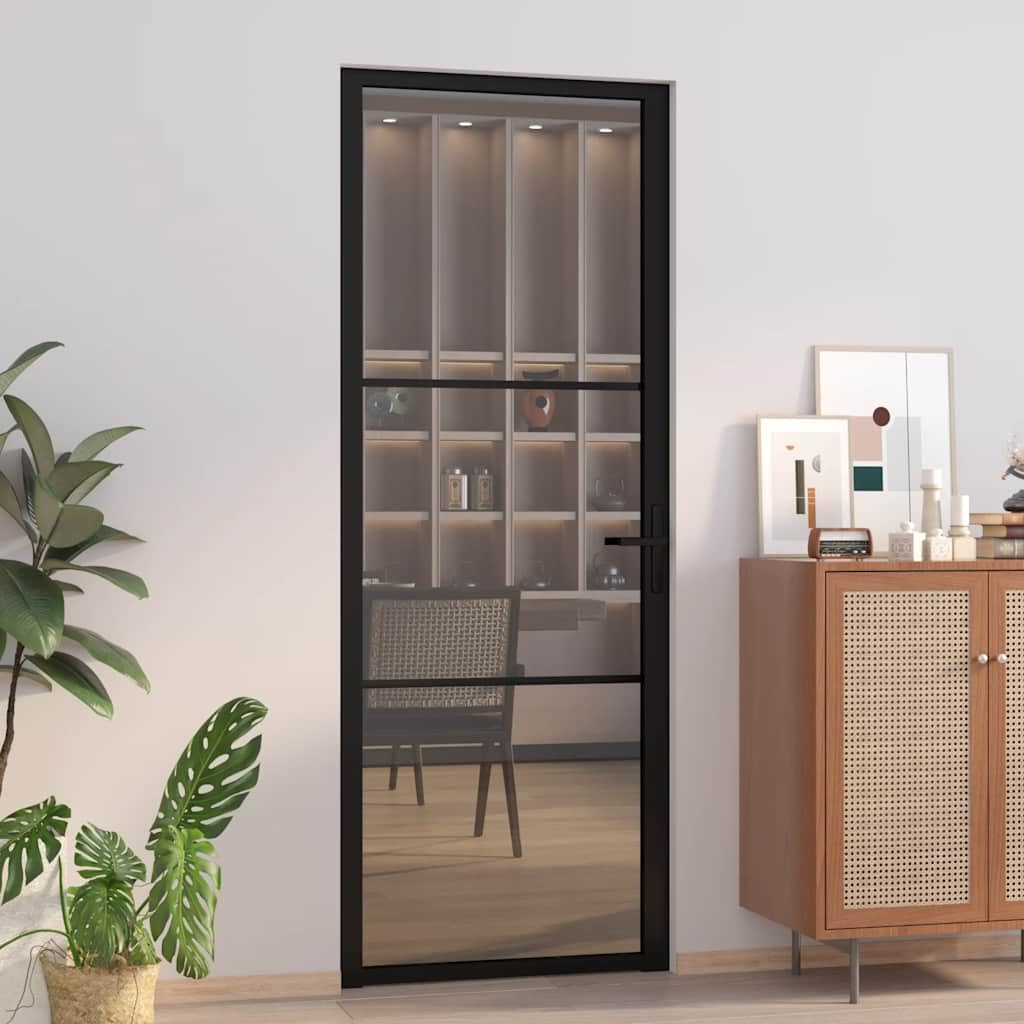 vidaXL Porte Intérieure Porte Vitrée Porte à Panneaux Chambre à Coucher Salle de Bain Maison 76x201,5 cm Noir Verre ESG et Aluminium
