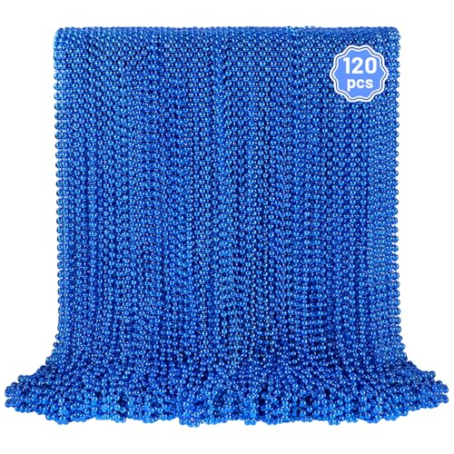 YAXINRUI 120 PCS Blue Bead Necklaces Blue Mardi Gras Christmas Bead Necklaces Patriotic Necklace 33 Inch Round Beaded Necklace for Mardi Gras Christmas 4th of July Festive Events