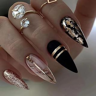 French Tip Press On Nails - Almond Medium with Gold Line Shine Design, Full Cover Reusable Black Artificial Coffin False Nails Set - Glue on & Stick on Women Nails for Nail Art