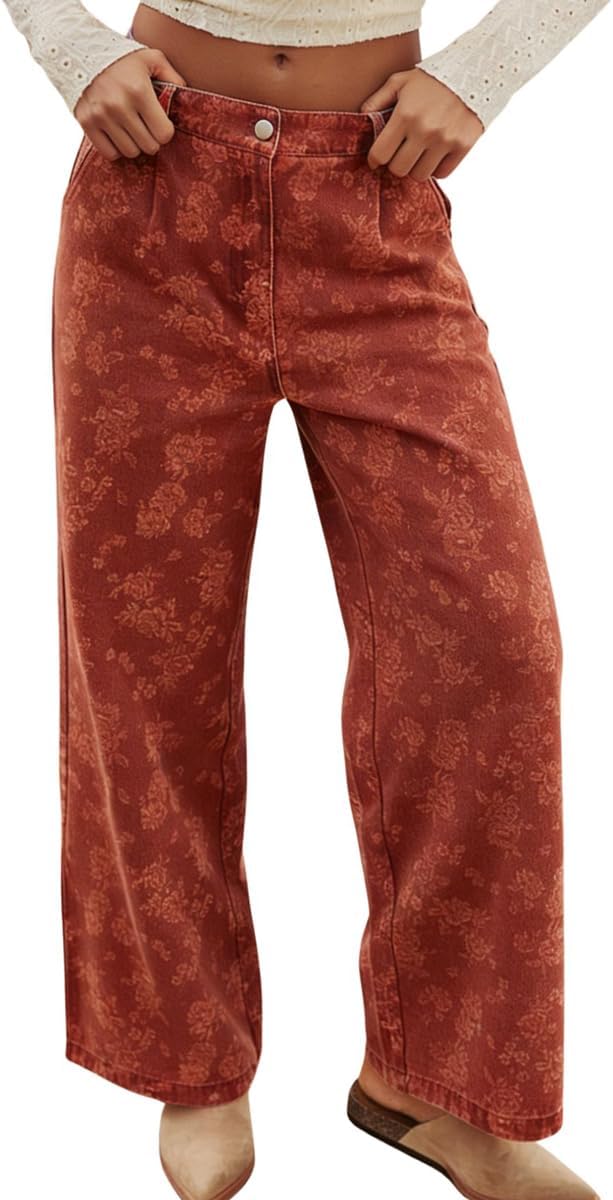chouyatou Women's Baggy Floral Pattern Jeans Y2K Boyfriend Wide Leg Mid Rise Denim Pants with Pockets